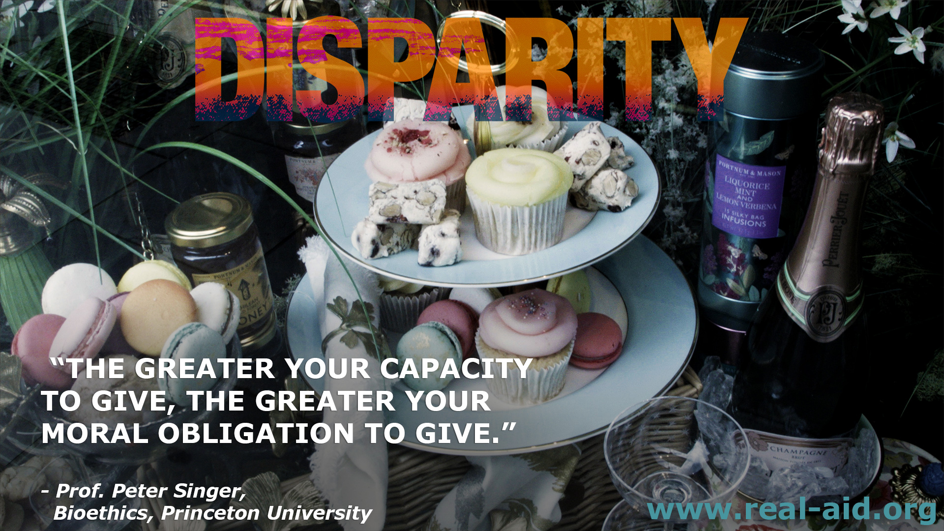 Disparity Film poster, the greater your capacity to give, the greater your obligation quote, background cupcakes and champagne
