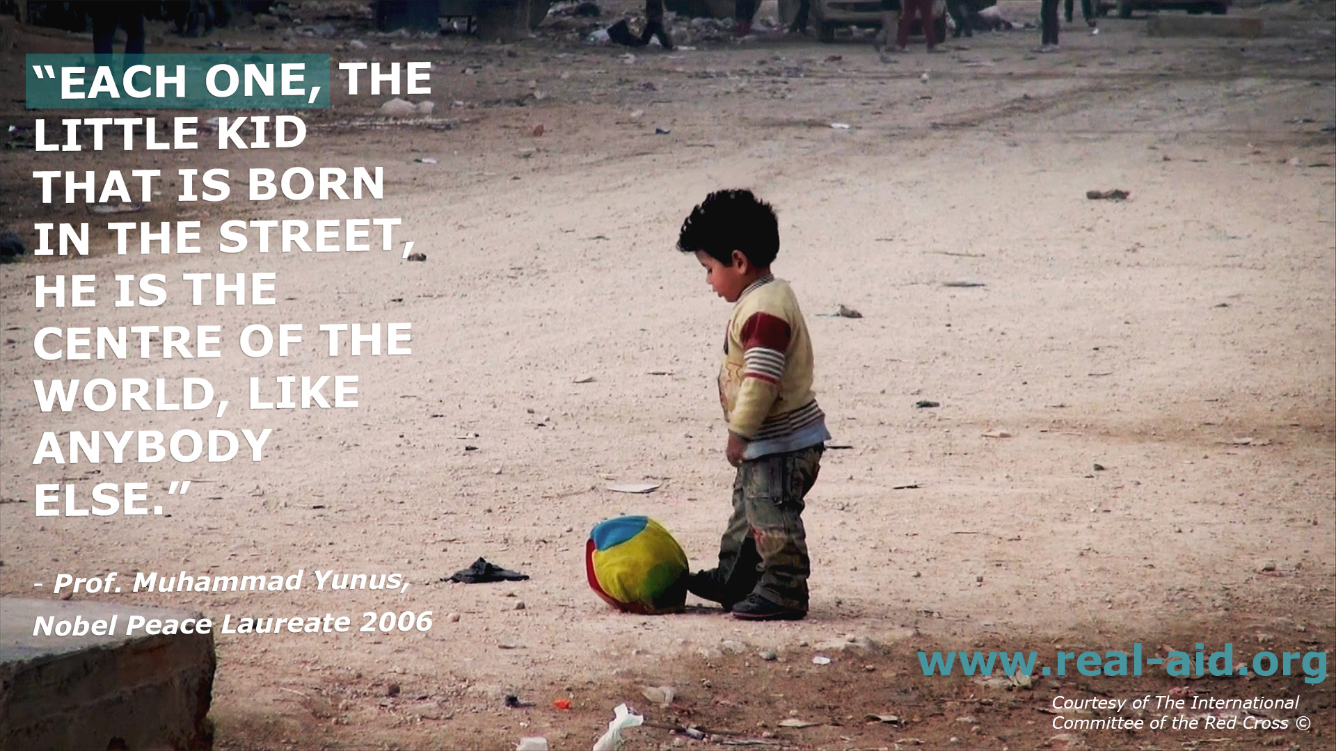 Disparity Film poster, That little kid that is born in the street text, small child playing with ball on street