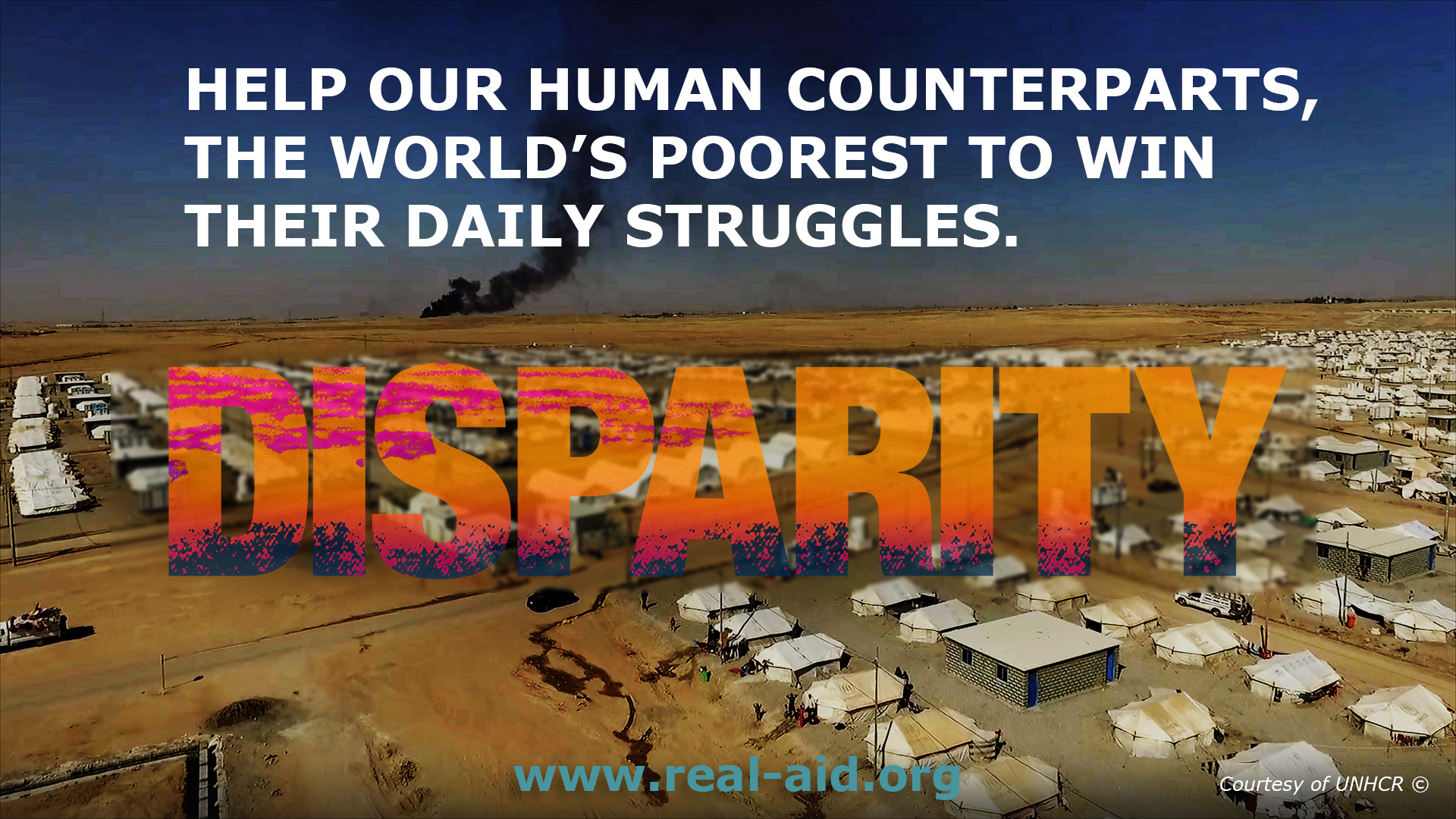 Disparity film poster, title placed over an image of a refugee camp in desert with smoke in distance