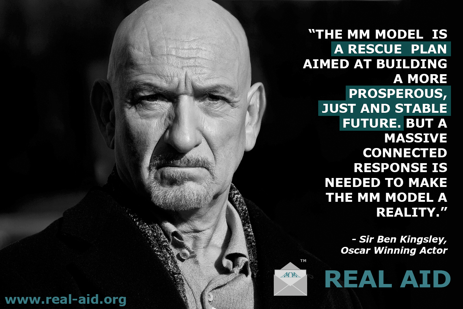 Sir Ben Kingsley portrait, quote endorsing MM model