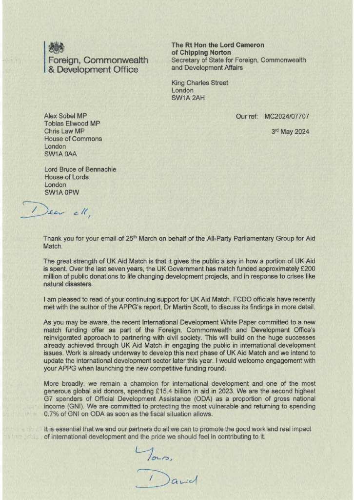 Letter from Lord Cameron APPG for Aid Match